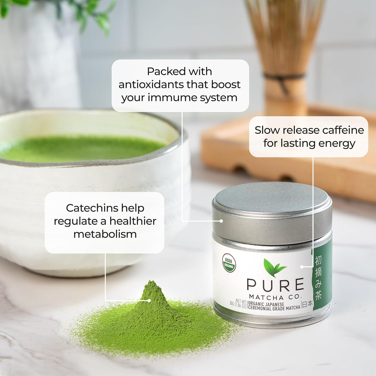Pure Matcha Co | Premium Ceremonial Grade Matcha Green Tea Powder | Authentic Japanese Origin | Sugar Free | 30g, 1.06oz