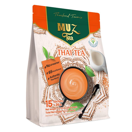 MUZ Tea Premium Instant Thai Tea Mix – Real Milk, No Creamers – Low GI Coconut Blossom Sugar – Only 65 Calories – Thai Tea Powder – Just Add Water – 15 Sachets