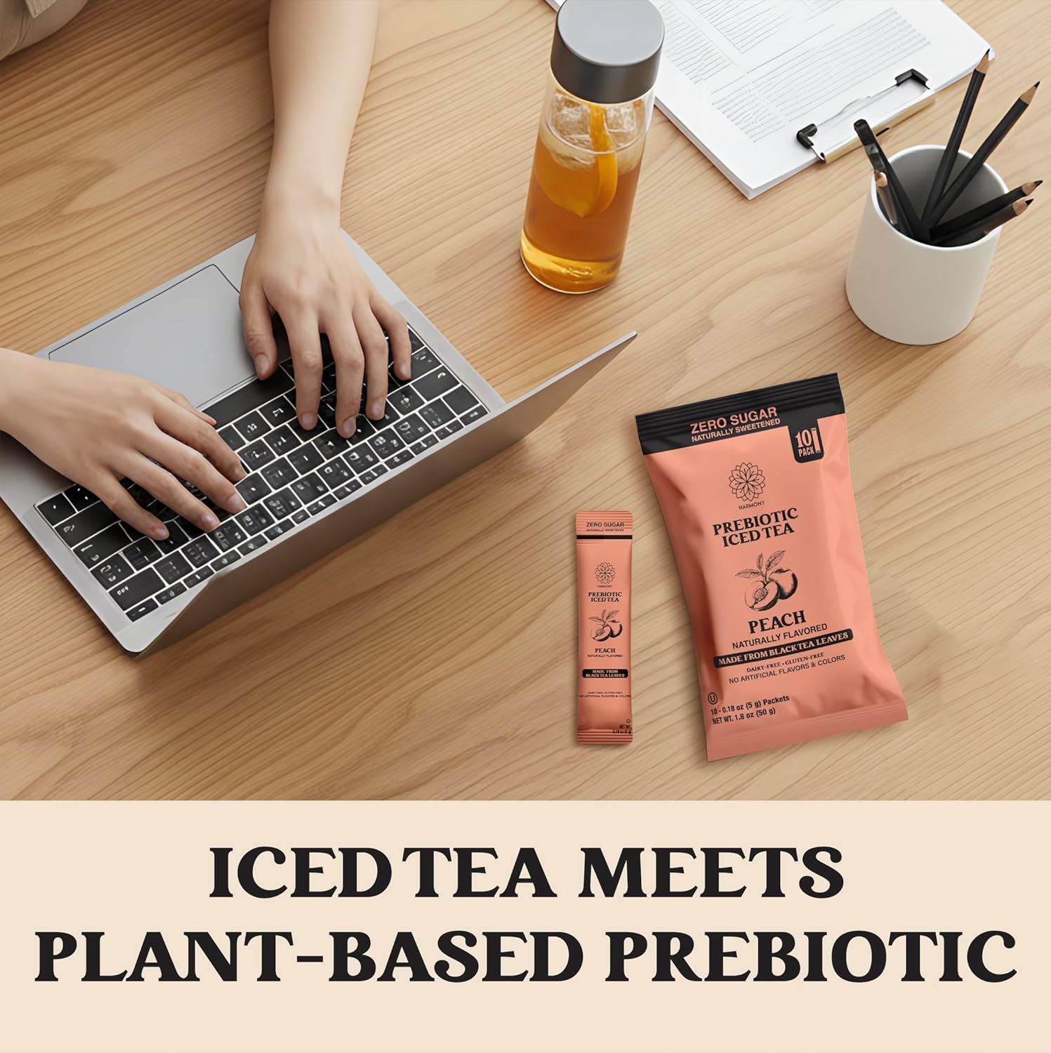 Harmony Prebiotic Iced Tea Stick Packs, Peach - Zero Sugar Peach Iced Tea Drink Mix Packets with 3g Prebiotic Fiber, Caffeinated Instant Black Tea, Dairy Free, Gluten Free, 10 Count