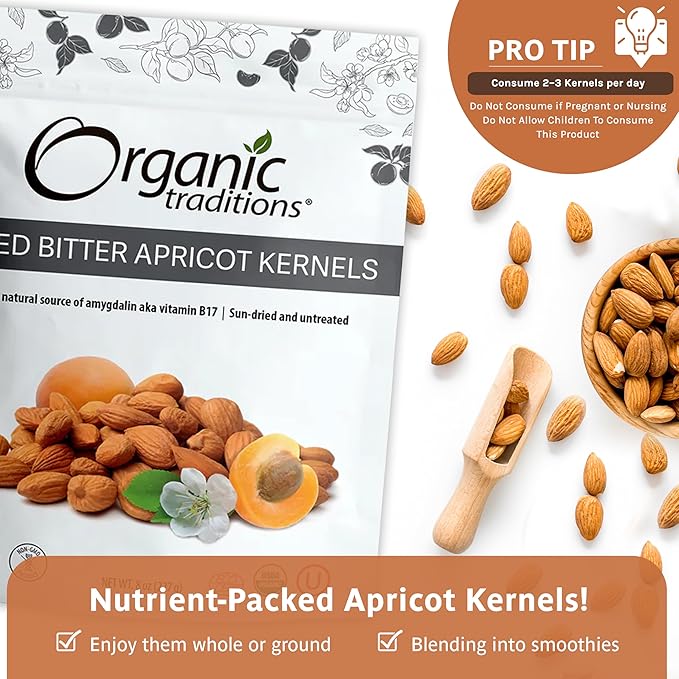 Organic Traditions Sundried Apricot Kernels – Sweet & Bitter Raw Seeds, 16oz