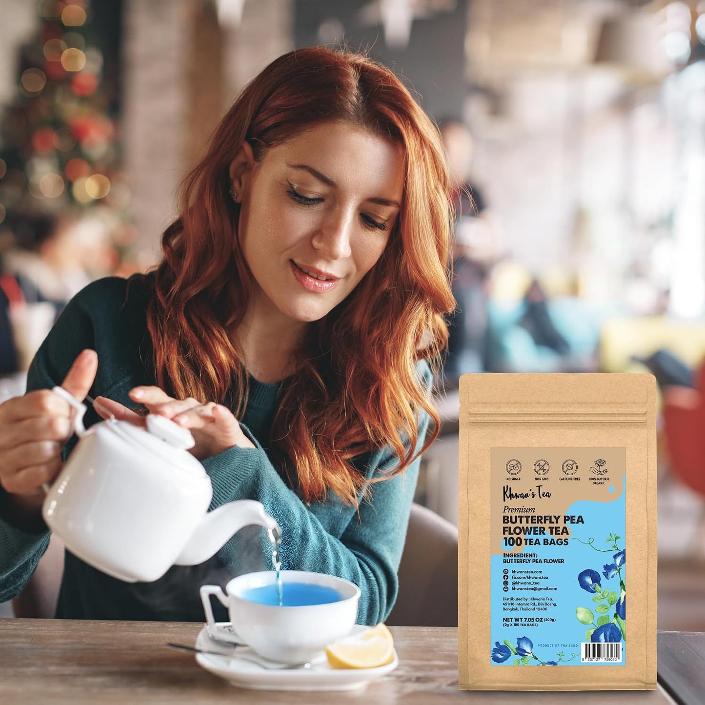 KHWAN'S TEA Organic Butterfly Pea Flower Tea Bags, 100 Count | USDA Organic butterfly pea flower, color-changing blue herbal tea, whole-flower, caffeine-free, vegan, Thai-grown, 100 ct