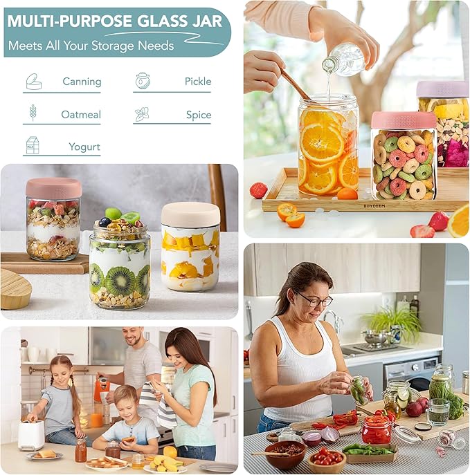 6-pack Overnight Oats Containers with Lids, 16oz Clear Glass Jars with Airtight Lids, Wide mouth Mason Jars, Food Storage Containers for Meal Prep Chia Spice Cereal Snacks Yogurt Salad Pudding Sugar