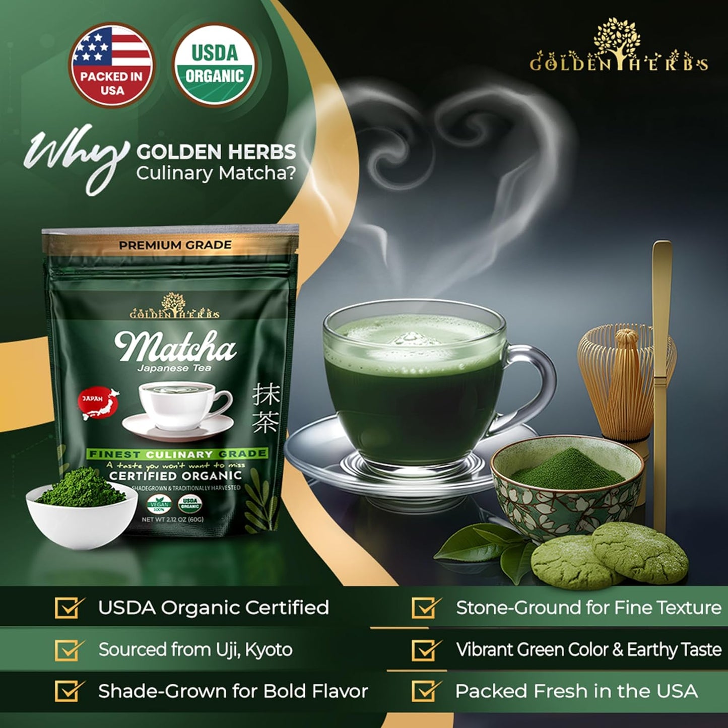 Golden Herbs Culinary Grade Matcha Organic Japanese Green Tea Powder for Lattes, Smoothies & Baking – Vibrant Green, Rich Umami Flavor, Stone-Ground for Maximum Freshness Resealable Pouch (60 Grams, Culinary Quality)