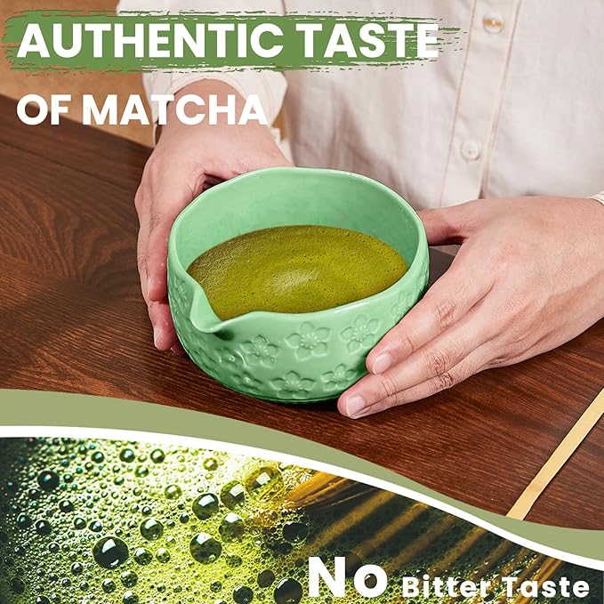 Matcha Whisk Set, Sakura Cyan Ceramic Matcha Set Includes Matcha Bowl, Matcha Whisk (Chasen) and Holder, Sifter, Bamboo Scoop & Spoon
