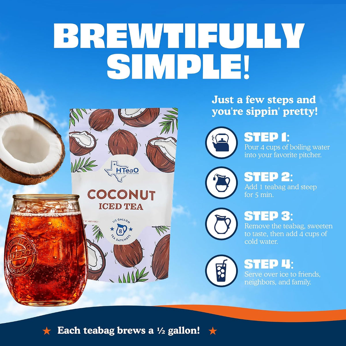 HTeaO Coconut Iced Tea Bags - Makes 4 Gallons - Texas Style - Black Tea