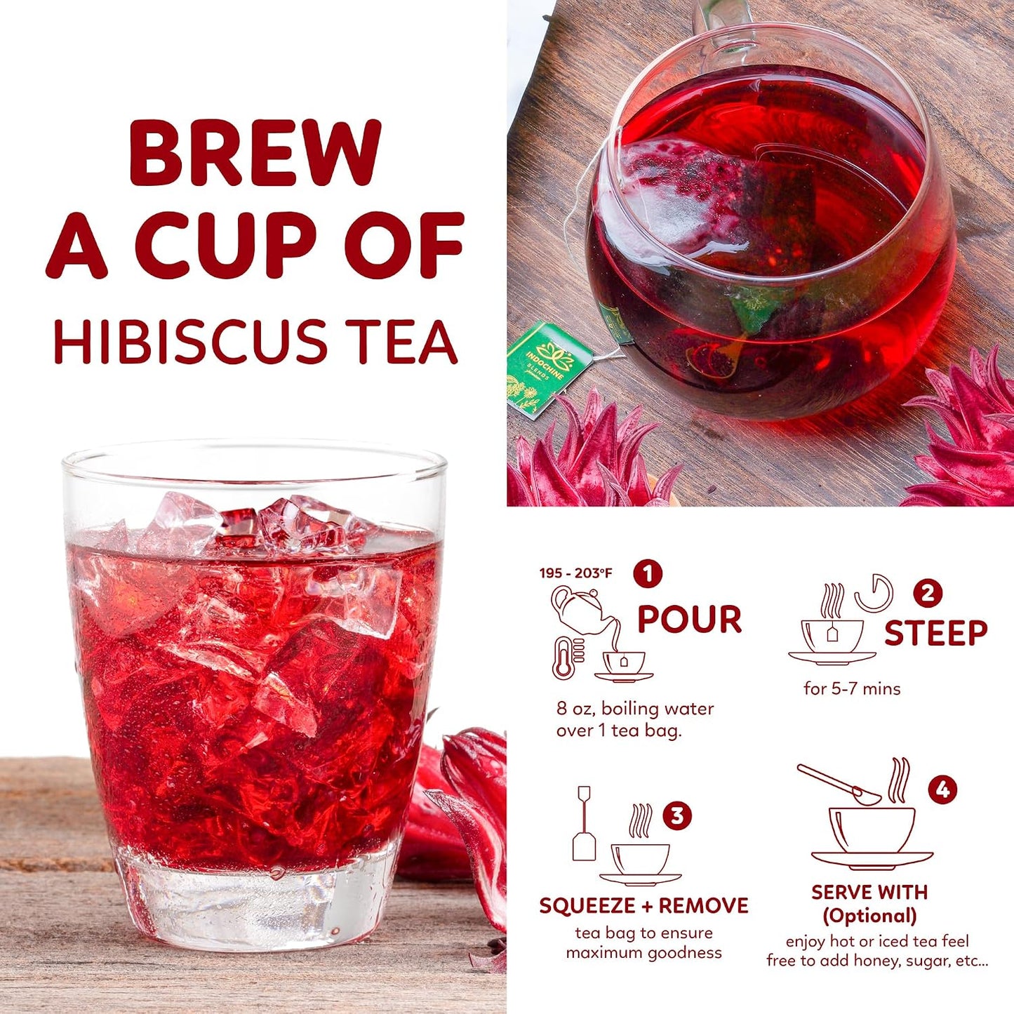 Indochine Blends Hibiscus Tea Bags, 100% Pure Hibiscus Flower, 50 Count