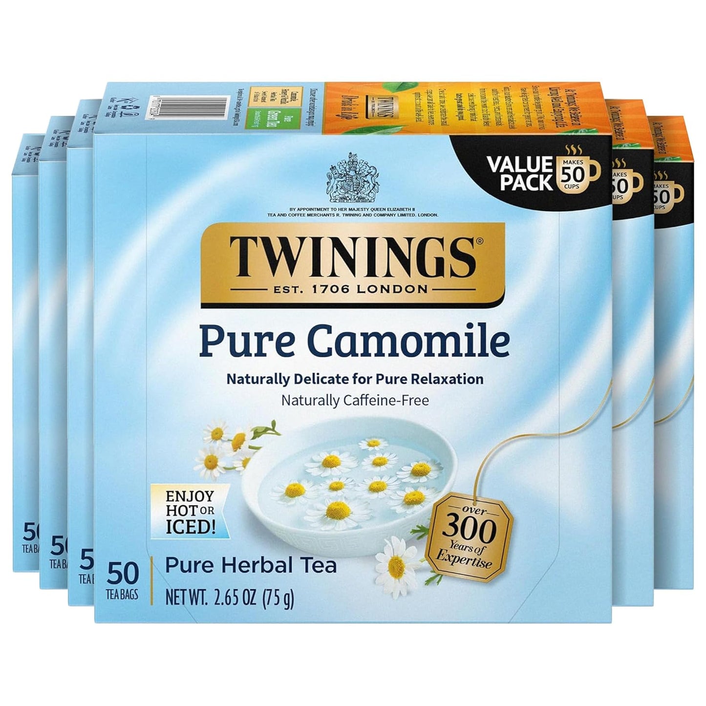 Twinings Pure Camomile Herbal Caffeine-Free Tea Bags, 50 CT Box (6 Pack) | Floral &amp; Delicate For Pure Relaxation, Naturally Caffeine-Free, 300 Foil Lined Individually Wrapped Bags, Enjoy Hot or Iced