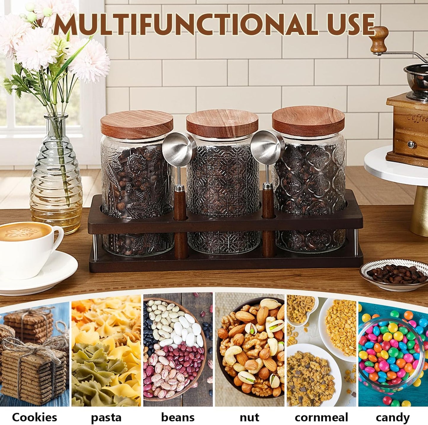 Suclain 3 Pcs Glass Coffee Bean Container 44 oz Airtight Coffee Canister with Shelf Measuring Spoon Kitchen Food Canister Jar for Sugar Candy(34 oz,Patterned Style,Wood, Glass, Stainless Steel)
