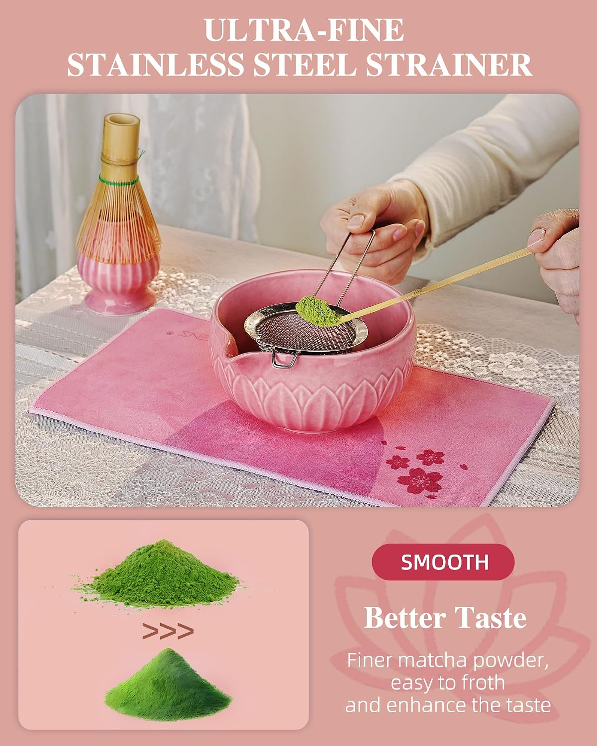 ZENS Premium Matcha Whisk Set, 6pcs Cearmic Matcha Kit &amp; Tools, Pink | Matcha Set Whisk and Bowl, Bamboo Whisk, Chasen Holder, Scoop, 304 Sifter &amp; Tea Mat Kit for Japanese Tea Ceremony
