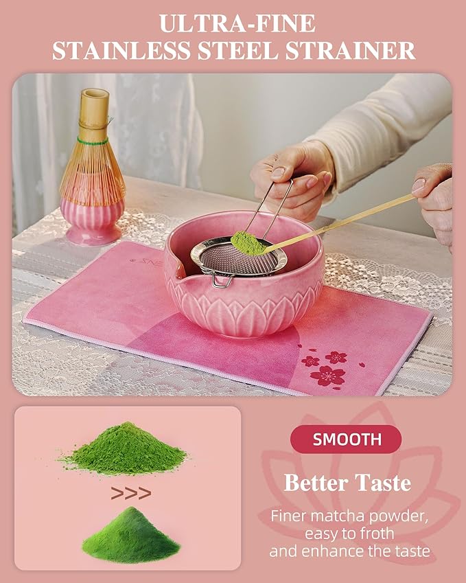 Zens Pink Matcha Kit, 6pcs Matcha Whisk Set Includes 15oz Pink Bowl, Chasen Holder, Bamboo Whisk & Scoop, 304 Sifter & Tea Mat