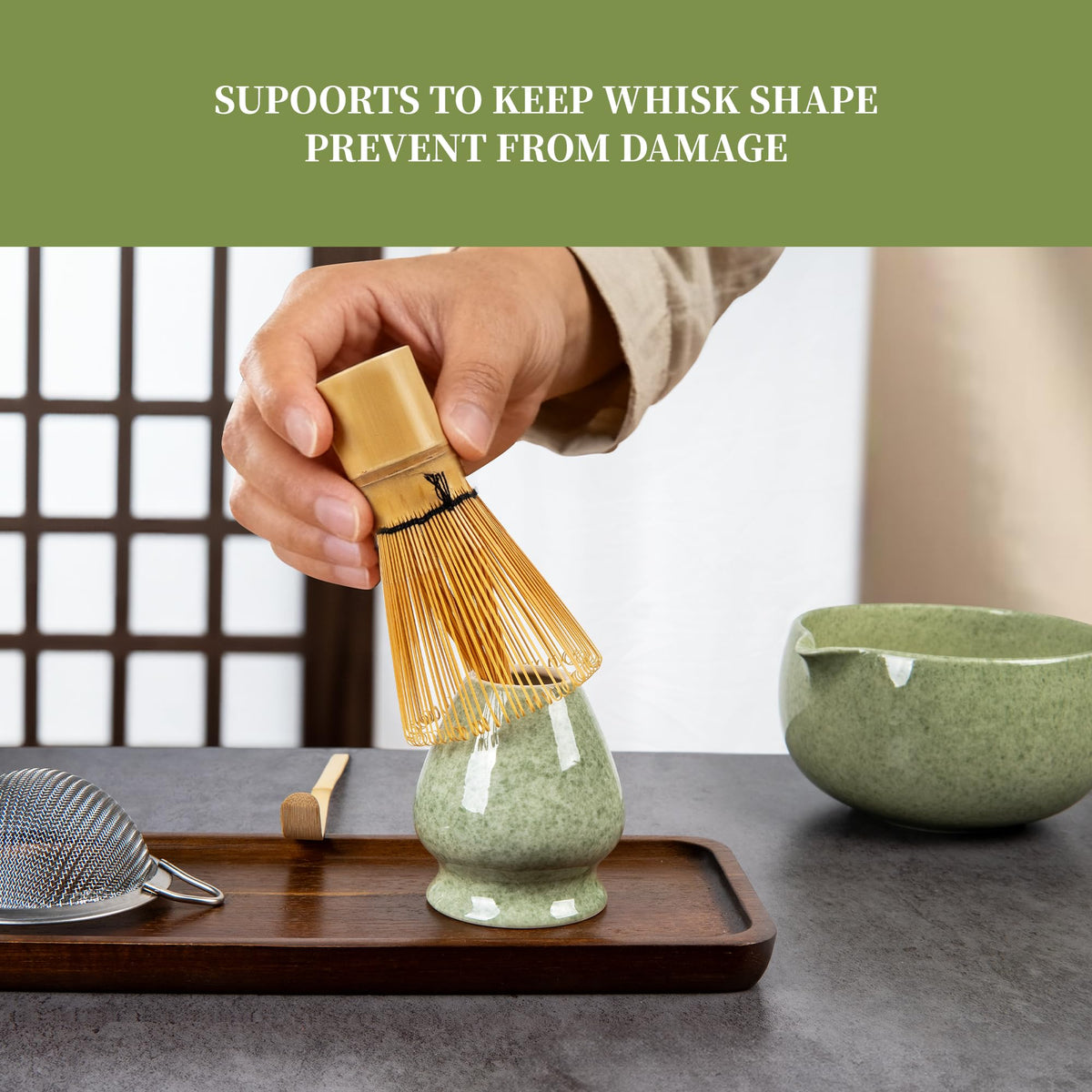 YIBO Matcha Whisk Set With Bowl, Ceramic Matcha Making Kit Includes Bamboo Whisk (Chasen), Holder Stand, Powder Starter