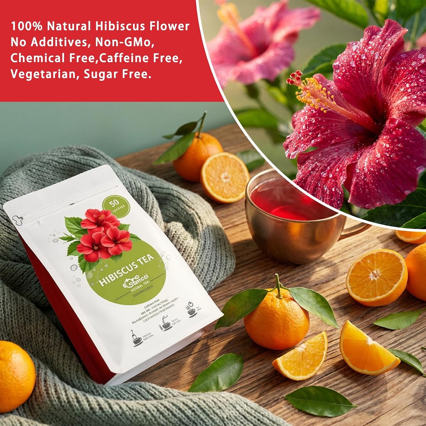 Samcci Hibiscus Tea Bags, 50 Count, Pure Dried Flor De Jamaica Flower