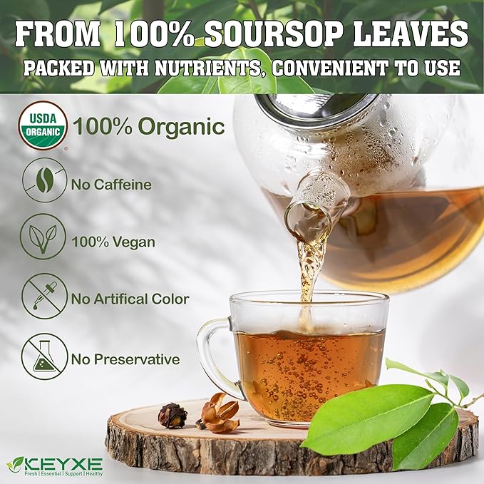 Keyxe - USDA Organic Soursop Graviola Leaves Tea 75 Bags. Non-GMO Verified, 100% Organic Soursop Leaves for Digestion, Boosting Immune
