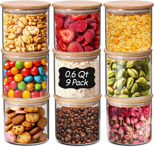 ComSaf Glass Storage Containers with Lids 0.6 Qt, 9 Pack Small Glass Jars | Small Glass Container, Spice Jar, Cookie, Candy, Family Snack Storage, Coffee Bar Organization, Size For Subpackage, BPA Free
