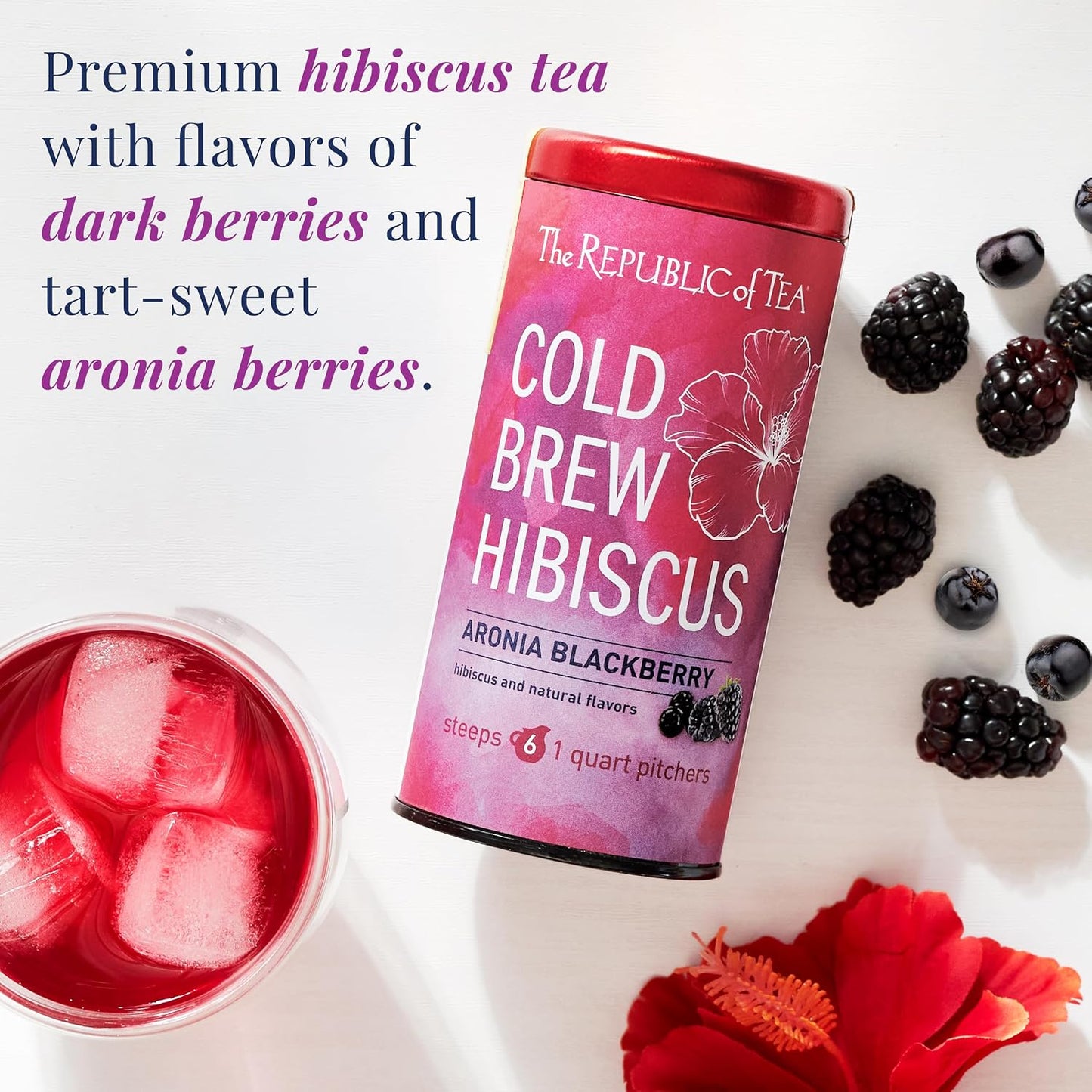 The Republic of Tea Cold Brew Hibiscus Aronia Blackberry Iced Tea, 6 Ct | Herbal Tea, Caffeine Free, Cold Brew Hibiscus with Dark Berry Flavor, Rosehips and Aronia Berry Bits