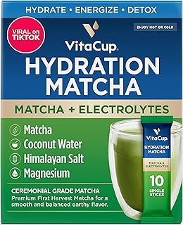 VitaCup Hydration Matcha Instant Packets, for Natural Energy and Detox, w/Electrolytes, Ceremonial Grade Organic Matcha, Coconut Water, Pink Himalayan Salt, Magnesium, in Single Serve Sticks, 10 Ct