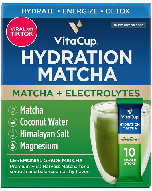 VitaCup Hydration Matcha Instant Packets w/Electrolytes, 10ct | for Natural Energy and Detox, w/Electrolytes, Ceremonial Grade Organic Matcha, Coconut Water, Pink Himalayan Salt, Magnesium