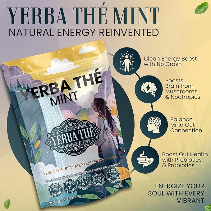 Yerba Mate Powder - Clean Energy & Focus - Organic Yerba Mate Tea 350g - Supports Gut Health with Probiotics & Prebiotics, Brain Fog Relief, Focus & Relaxation - Mint Flavor, 35 Servings