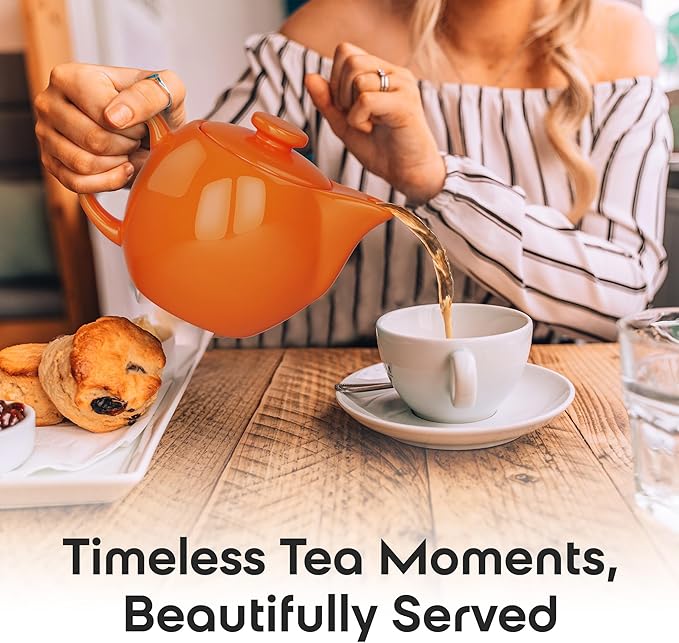 OmniWare 14 Oz Stoneware Teapot with Stainless Steel Mesh Infuser (Orange) - Microwave & Dishwasher Safe, Removable Infuser