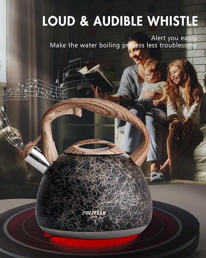 Poliviar Tea Kettle, Iron Grey Tea Pot Stovetop, 2.7 Quart Loud Whistling Coffee and Teapot