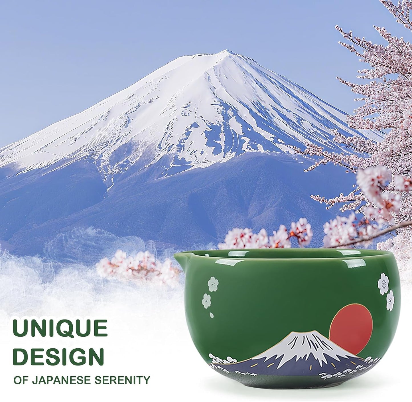DUJUST Japanese Matcha Whisk Set, Unique Design of Mount Fuji, Sakura &amp; Dawn, Cute Ceramic Matcha Set, One of A Kind Gift for Matcha Lovers - 7 pcs of Japanese Serenity