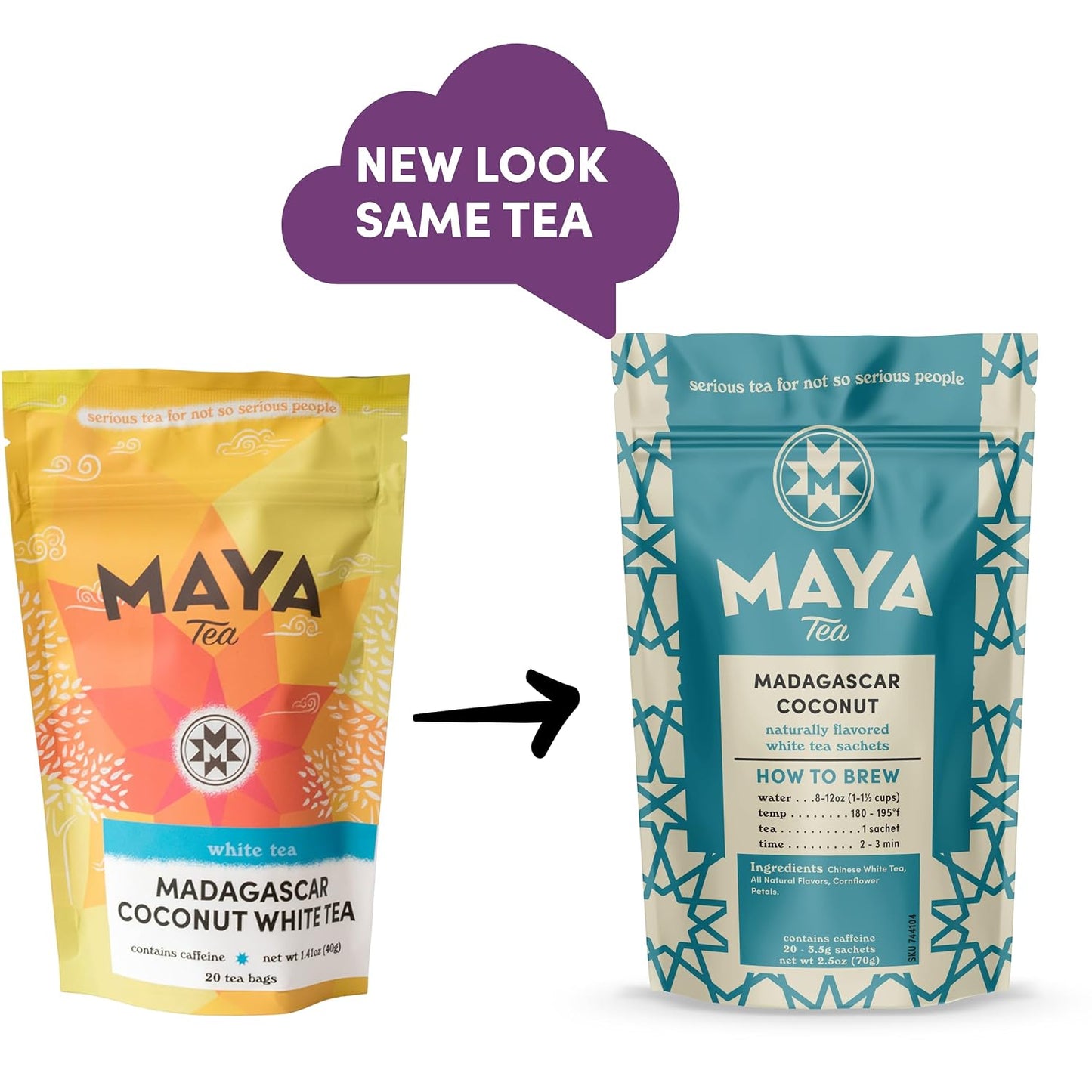 Maya Tea Madagascar Coconut Flavored White Tea Sachets, 20 Count | Caffeinated Shou Mei tea, coconut and vanilla natural flavors, cornflower petals, biodegradable sachets, hot or iced