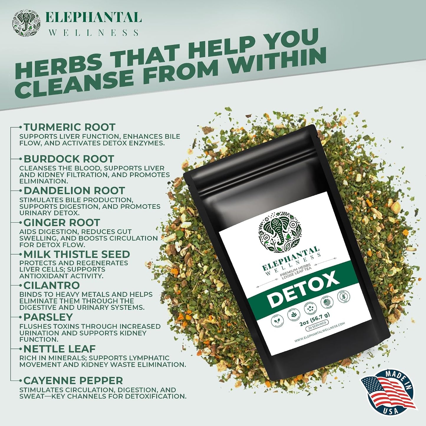Elephantal Wellness Premium Detox Herbal Tea | Daily Liver, Kidney, Blood &amp; Digestive Support with Turmeric, Nettle Tea, Milk Thistle, Dandelion Tea &amp; Burdock | Handmade, Caffeine-Free Loose Leaf Blend | 2oz, 20 Servings