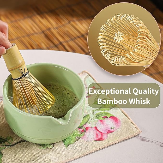 Matcha Set, 8-Piece Ceramic Matcha Bowl & Whisk Kit with Mushroom Pattern, Traditional Japanese Chawan, Bamboo Chasen, Scoop & Sifter, Gift for Tea Lovers, Zen Tea Ceremony Accessories (green)