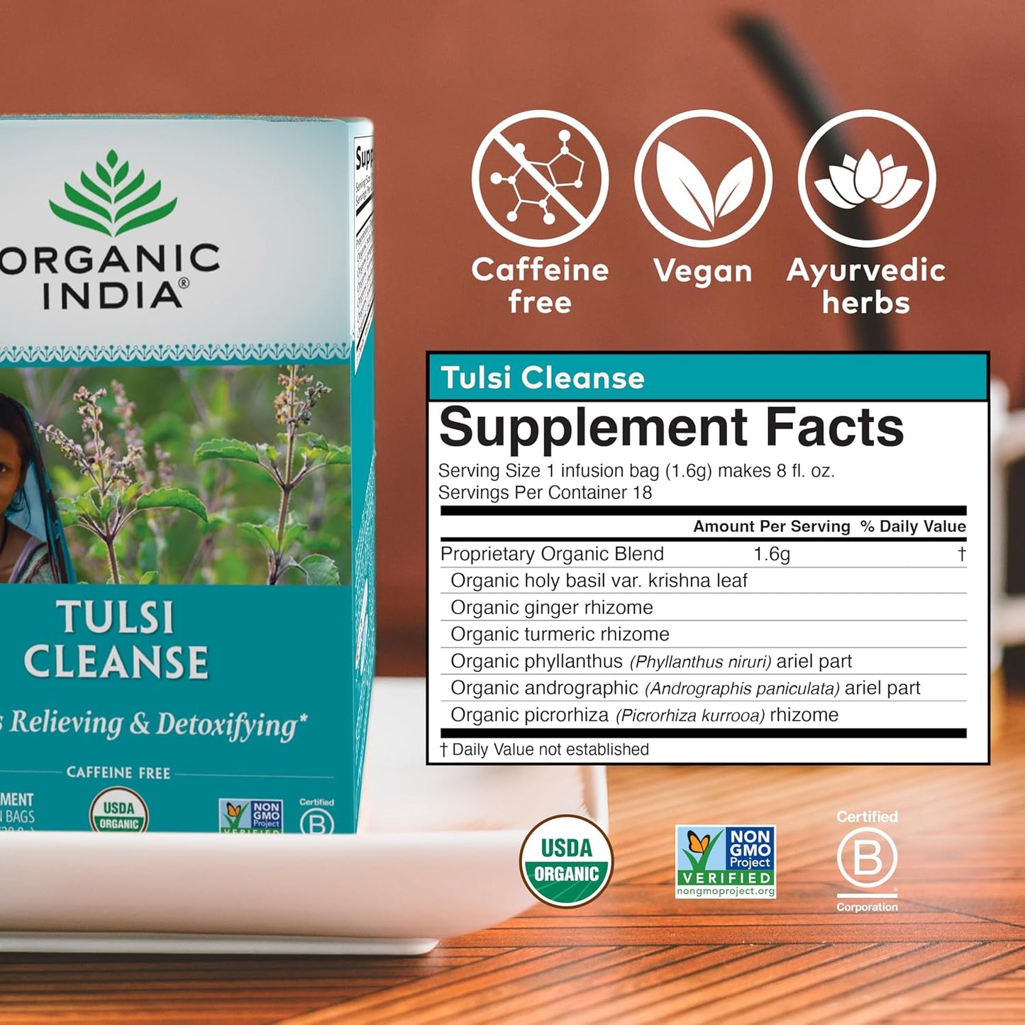 Organic India Tulsi Cleanse Detox Tea - Holy Basil, Ginger, Turmeric, Herbal Tea, Stress Relieving &amp; Cleansing, Immune Support, Adaptogen, Organic, Non-GMO, Caffeine-Free - 18 Infusion Bags, 6 Pack