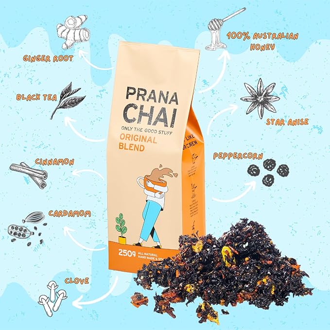 Prana Chai Original Masala Blend 250g + Huskee 12oz Cup with Lid + Stainless Steel Fine Mesh Strainer