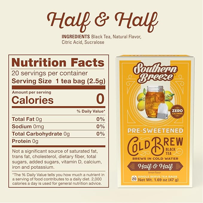 Southern Breeze Cold Brew Sweet Tea Half & Half Iced Tea with Black Tea and Zero Carbs Zero Sugar, 20 Individually Wrapped Tea Bags (Pack of 2) Southern Sweet Tea Iced Tea Beverage