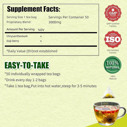 Eastrue Organic Goji Berry & Chrysanthemum Herbal Tea,50 Tea Bags,Stress Relief & Better Sleep,Non-GMO,Caffeine-Free