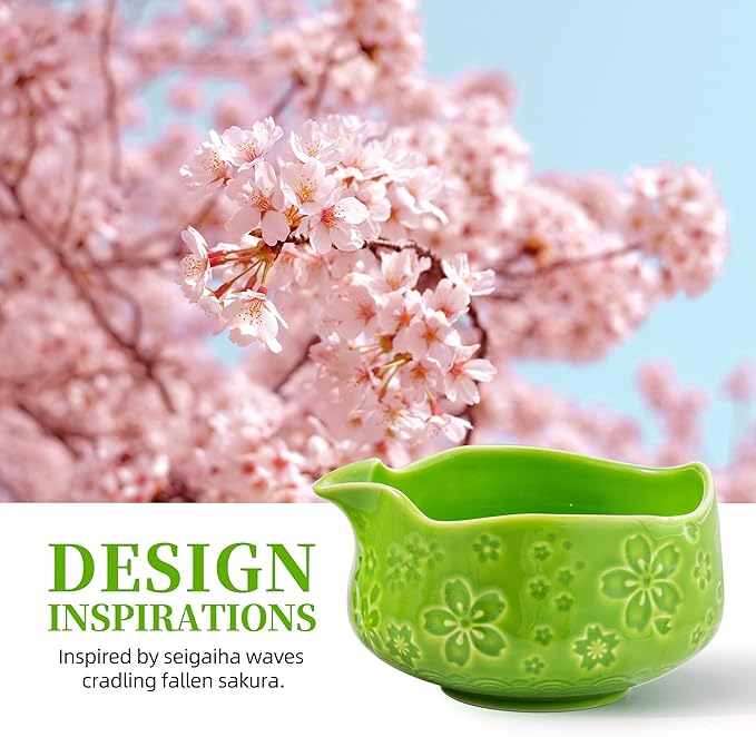 Teanagoo 7-PCS Green Matcha Whisk Set with Cherry Blossom Design, Complete Ceremony Kit, Ceramic Chawan Bowl with Spout, Whisk & Accessories