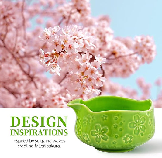 Teanagoo 7-PCS Green Matcha Whisk Set with Cherry Blossom Design, Complete Ceremony Kit, Ceramic Chawan Bowl with Spout, Whisk & Accessories