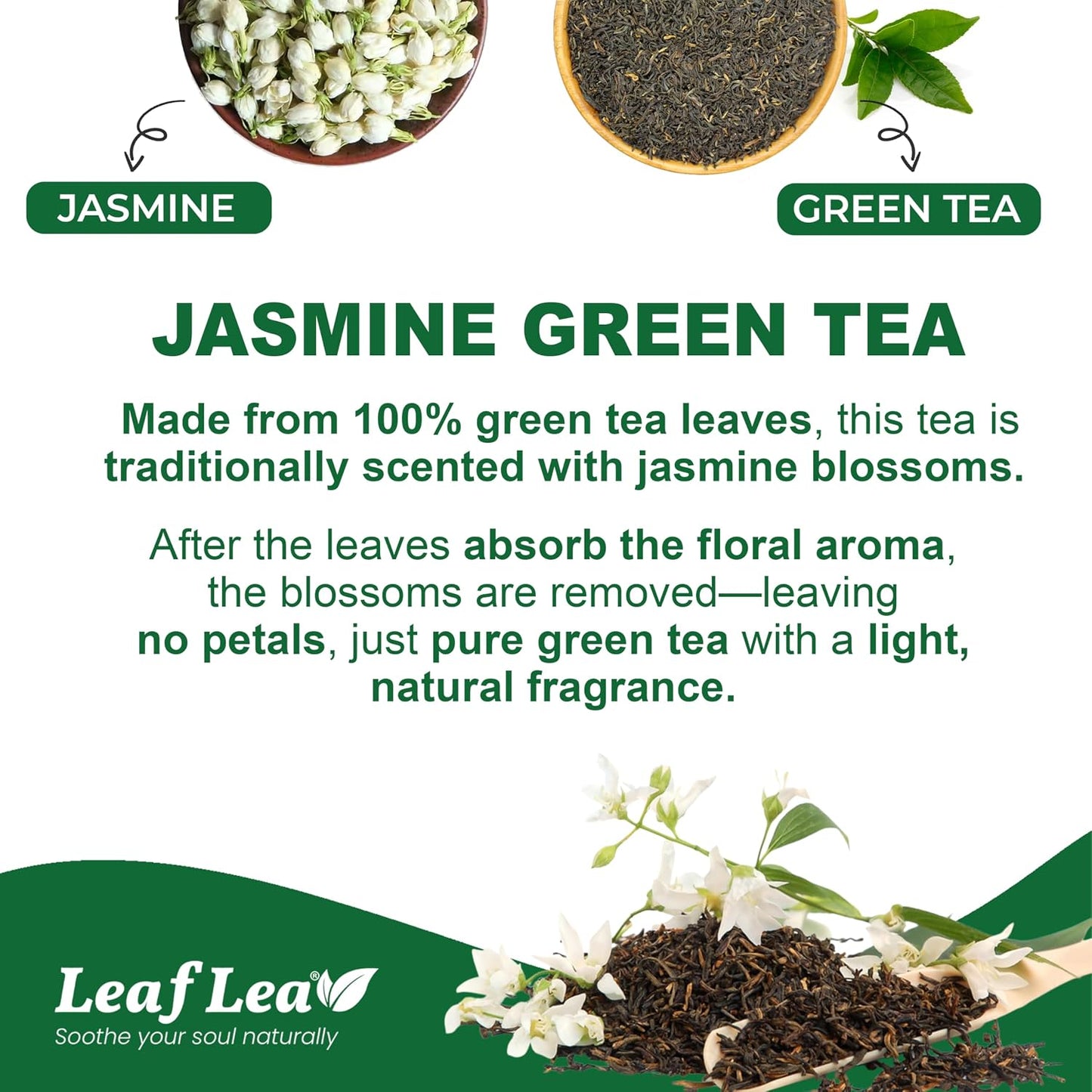 LeafLea Jasmine Green Tea Bags, Light Focus &amp; Daily Balance, 80 Count | Green Tea Naturally Scented With Jasmine, Delicate Floral Taste, Caffeinated, Sugar-Free, Vegan, Individually Wrapped