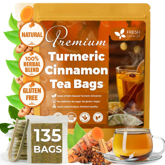 FreshDrinkUS, Premium 135 Turmeric Cinnamon Tea Bags, 100% Natural, Blend of Turmeric, and Cinnamon. Made with Natural
