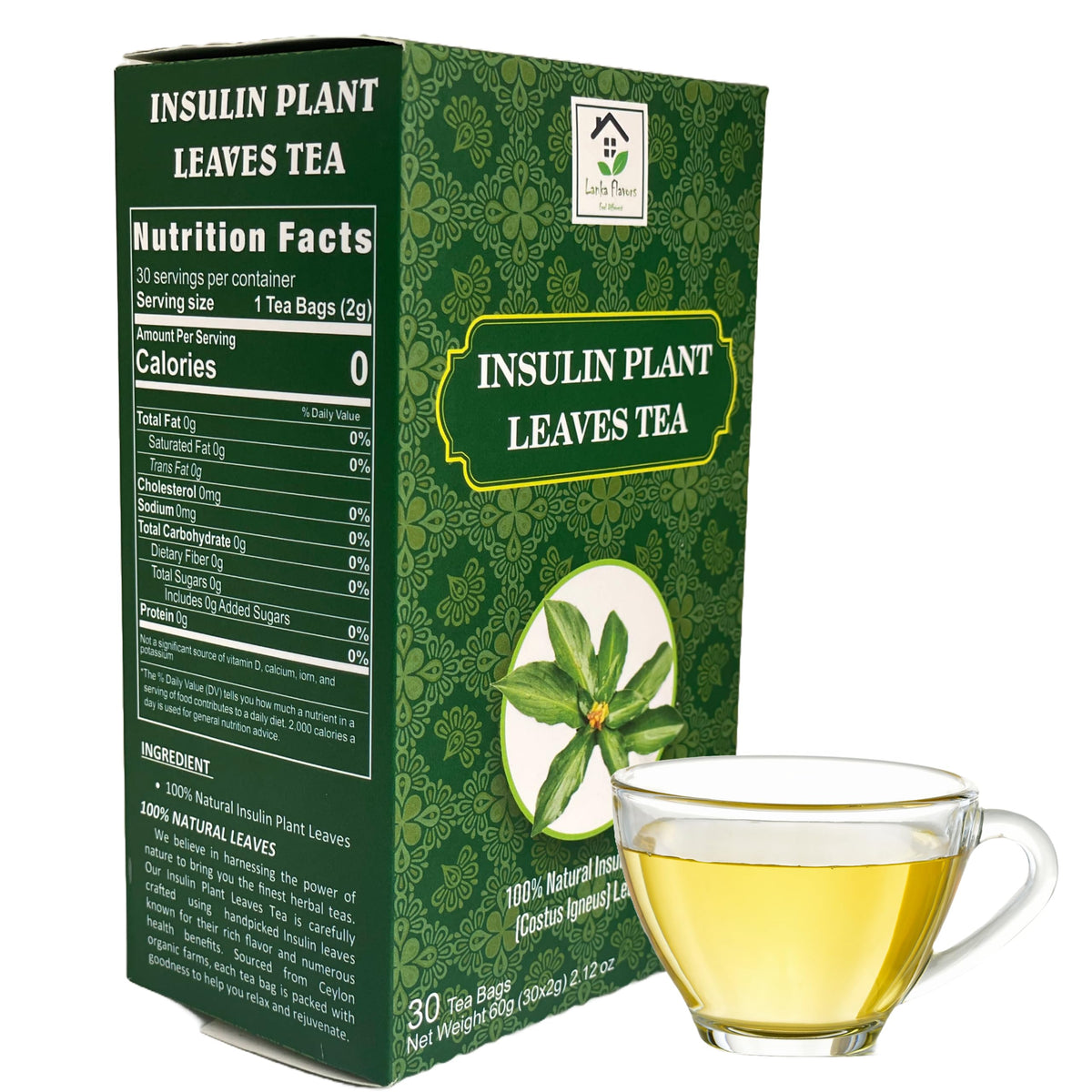 Dried Insulin Plant Leaves Tea 30 x 2g Tea Bags Natural Costus Igneus Herbal Tea - Lanka Flavors Feel Different