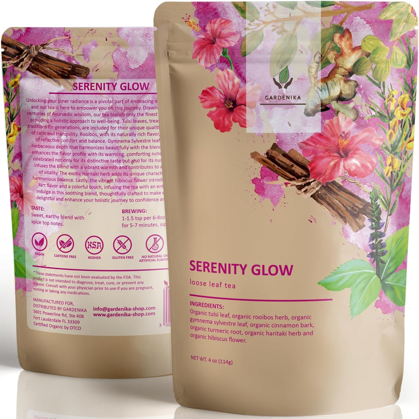 Gardenika Organic Serenity Glow Loose Leaf Tea, Herbal, Caffeine-Free, KSA Kosher, Ayurvedic Wellness Blend with Tulsi, Rooibos, Turmeric, Hibiscus – 4 oz (1 Pack)