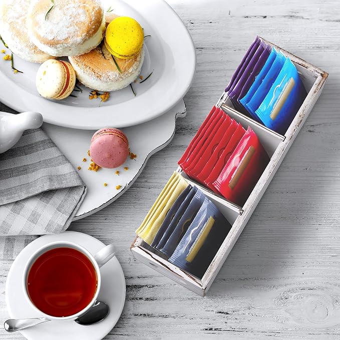 Drastar Tea Bag Organizer with 3 Slots, Wooden Sugar Packet Holder, Mini Tea Bag Caddy Box for Countertop, Retro White
