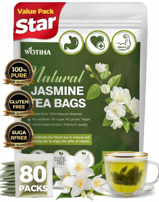 WOTIHA 80 Count Premium Jasmine Tea Bags - 100% Natural Jasmine, Aromatic Floral Fragrance, Caffeine-Free, Additive-Free, Sugar-Free, Vegan