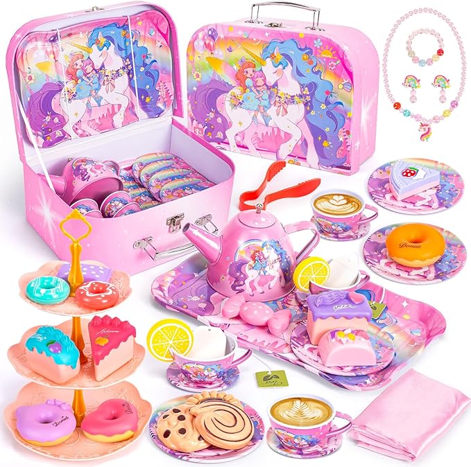 Unicorn Tea Party Set for Little Girls, Toddler Princess Toy Tea Set, Pretend Play Teapot Dessert Tea Cup Set Food Kitchen Playset