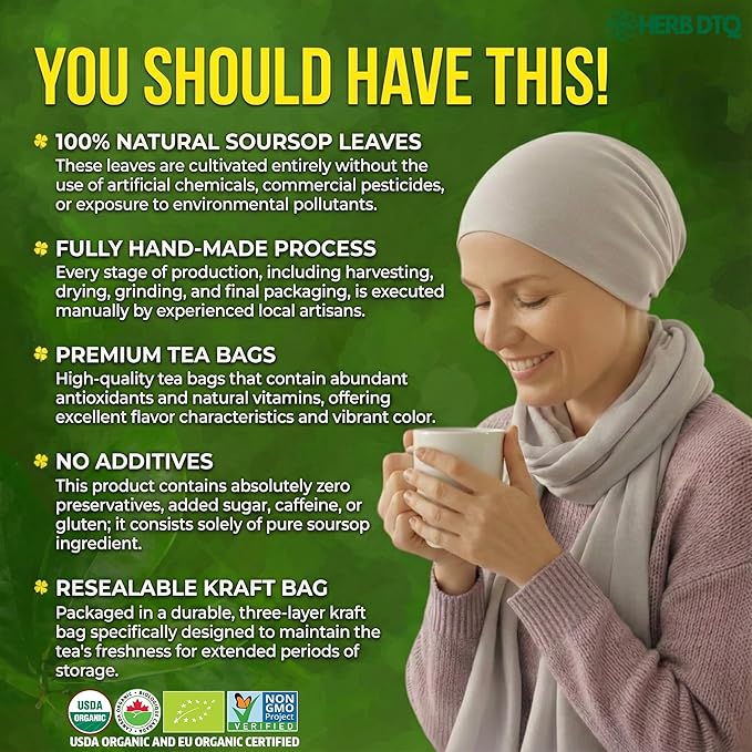 USDA Organic Soursop Leaves Tea Bags, 100% ORGANIC and Pure Soursop Graviola Leaves - Hojas De Guanabana Tea - Non-GMO - Caffeine-free - Improve Digestion, Support Healthy Skin & Sleep, Eco-Conscious Corn Fiber Tea Bags. Organic Graviola Tea
