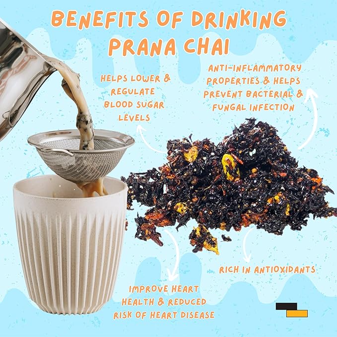 Prana Chai Original Masala Blend 250g + Huskee 12oz Cup with Lid + Stainless Steel Fine Mesh Strainer