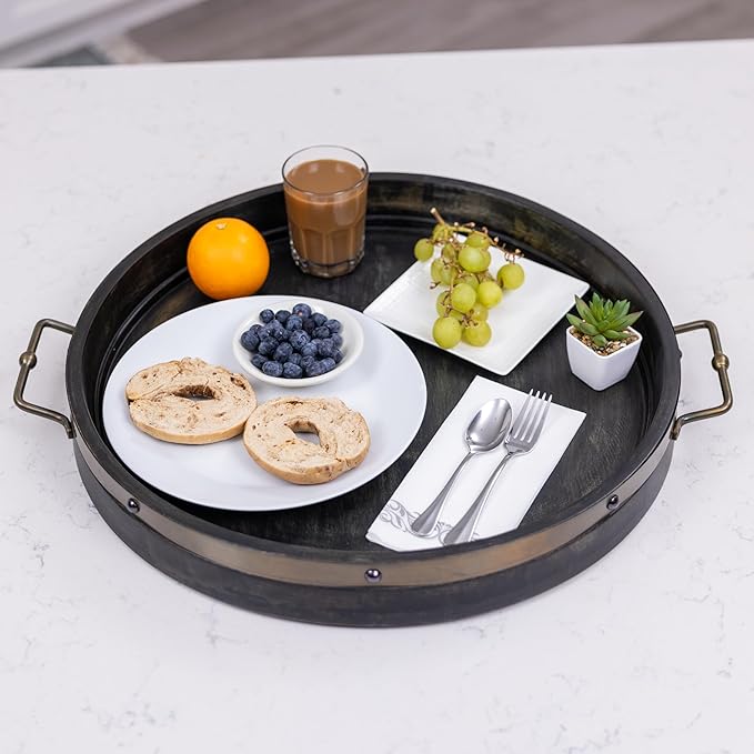 20” Large Round Ottoman Tray, Distressed Black Mango Wood, Rustic Farmhouse Style with Antique Brass Handles & Accent Strap, Large Coffee Table Tray for Tea, Breakfast in Bed, Living Room