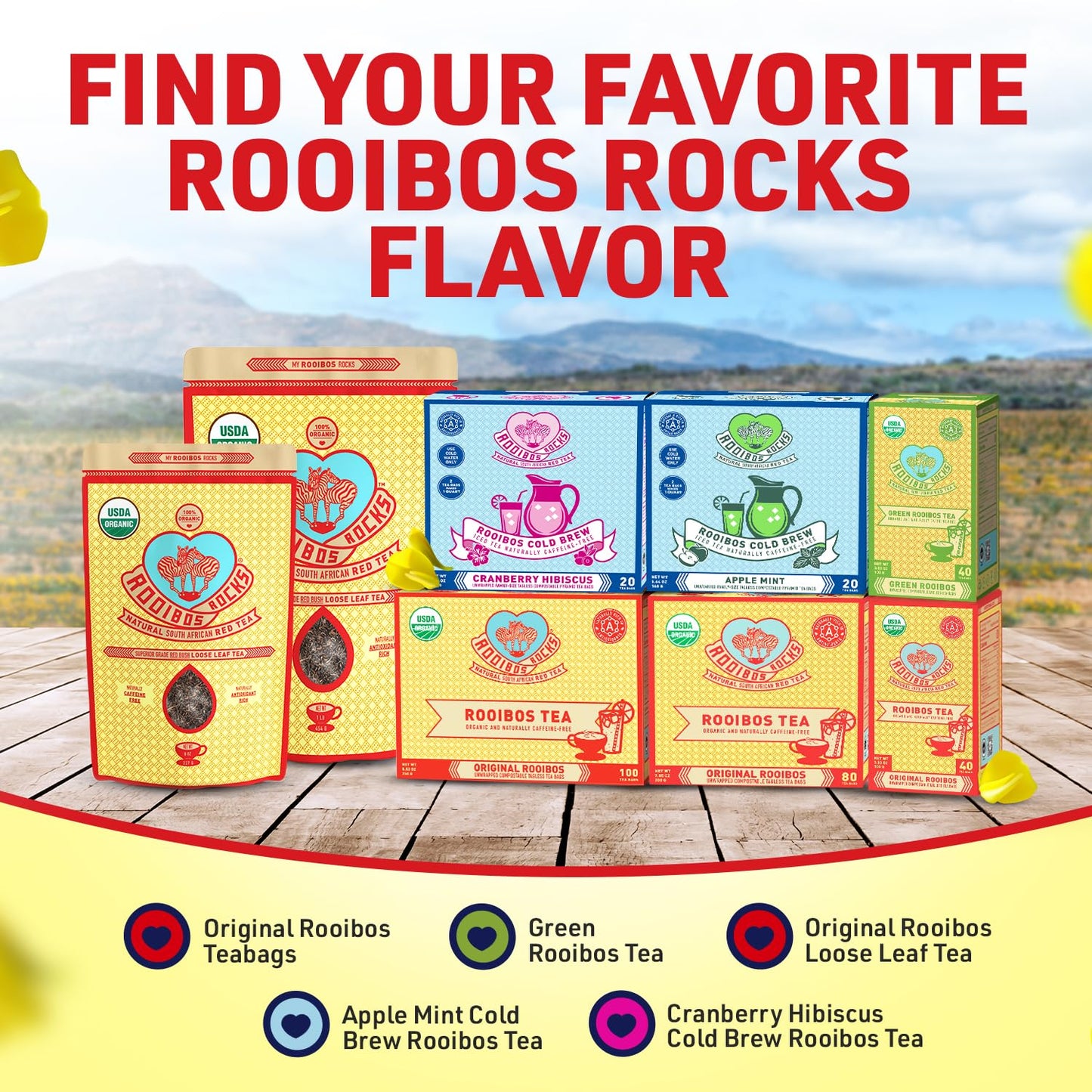 Rooibos Rocks Organic Rooibos Tea Bags - Caffeine-Free, 100 ct | USDA Organic • Microplastic-Free Tagless Pillow Tea Bags • Naturally Mildly Sweet Flavor • Hot or Iced