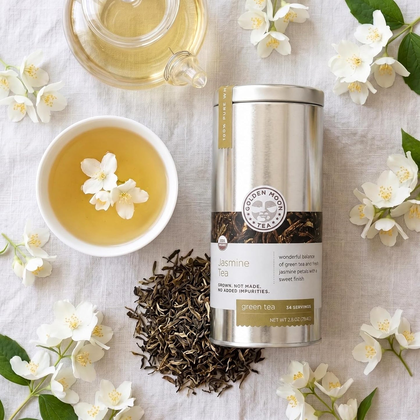 Golden Moon Organic Jasmine Green Tea Travel Tin – 34 Servings 2.5oz | Organic jasmine green tea in airtight travel tin – real blossoms, no flavor sprays. On-the-go, 34 servings.