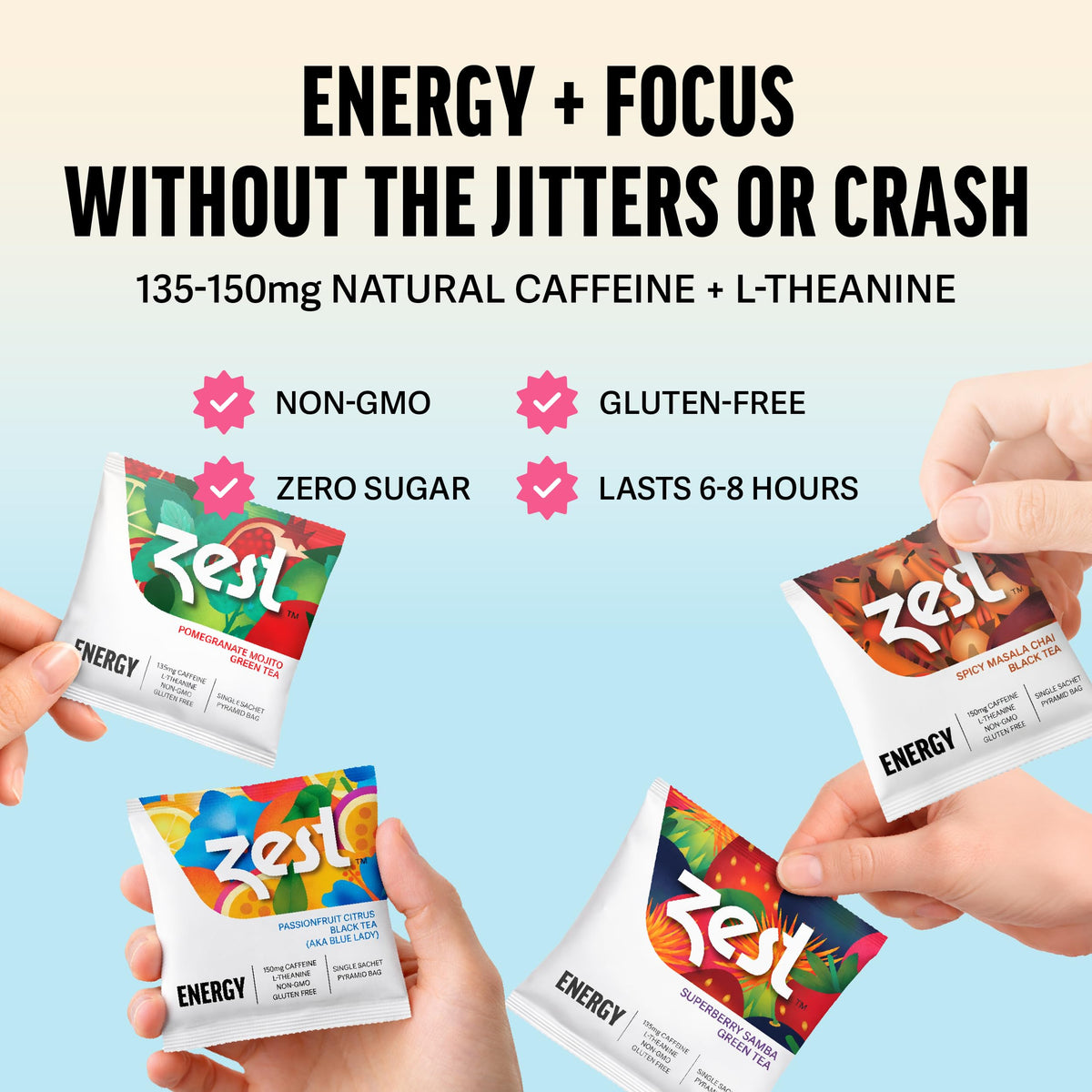 Zest High Caffeine Tea – Variety Pack – Flavored Black & Green Blends, 3X Caffeine Energy Teas, Strong Natural Coffee