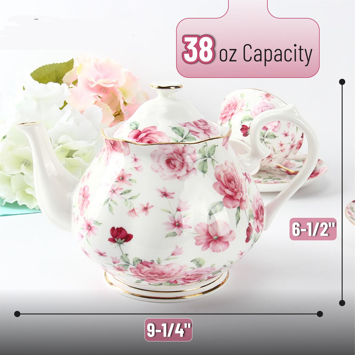 Brew To A Tea BTaT Floral Teapot, 38 oz Bone China, Perfect for Tea Set & Parties
