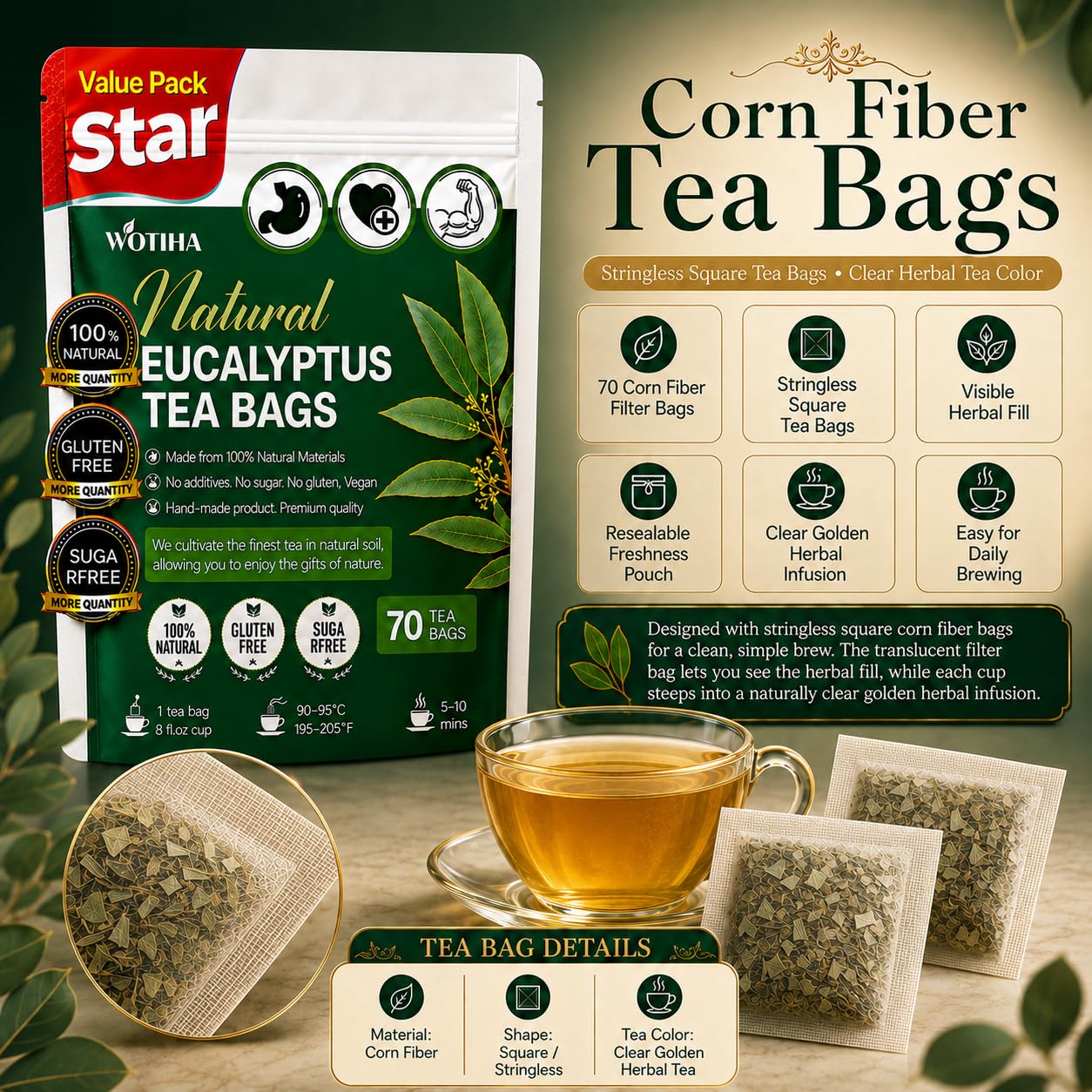 WOTIHA 70 Count Premium Eucalyptus Tea Bags - 100% Natural Eucalyptus Leaves, Boosts Respiratory Health,Non-GMO Caffeine-Free, Additive-Free, Sugar-Free, Vegan
