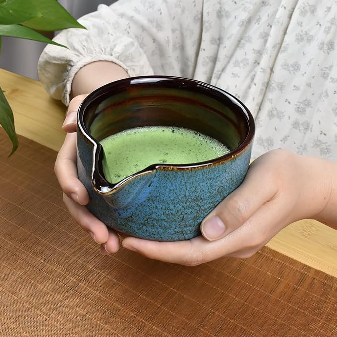 Artcome 4 Pcs Complete Matcha Tea Ceremony Kit for Japanese Tea Ceremony, Bowl with Pouring Spout, Whisk, Whisk Holder, Tea Scoop